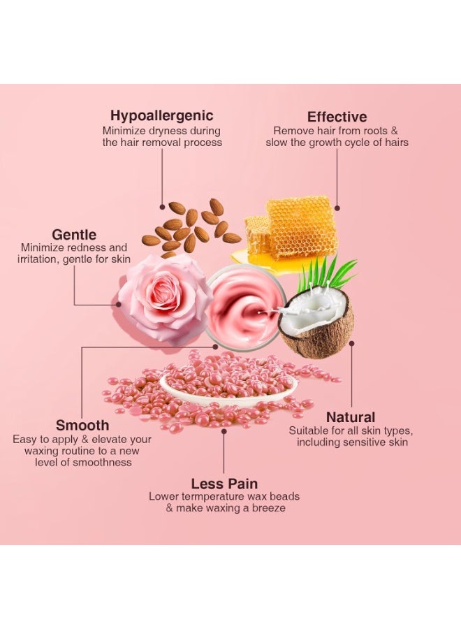 Hard Wax Beans for Painless Hair Removal, Brazilian Wax Beads for Face, Eyebrow, Bikini, Underarm, Back, Chest & Legs – 300g (10 oz) with 10 Wax Spatulas (Rose) - Image 2